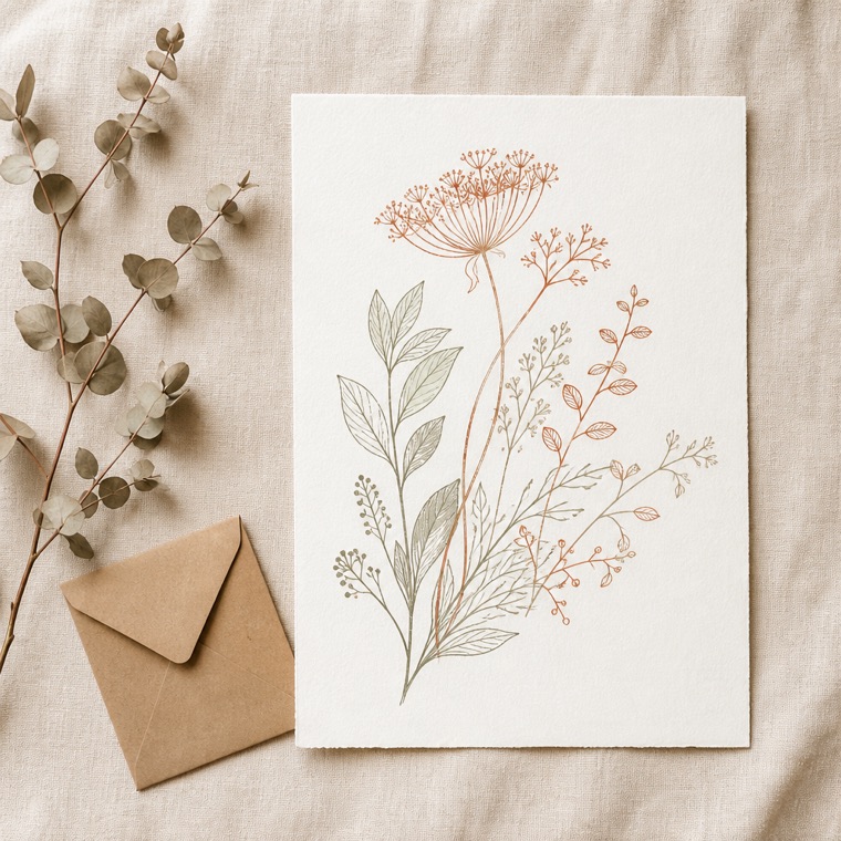 Botanical line-art print on textured paper next to dried eucalyptus and a kraft envelope.
